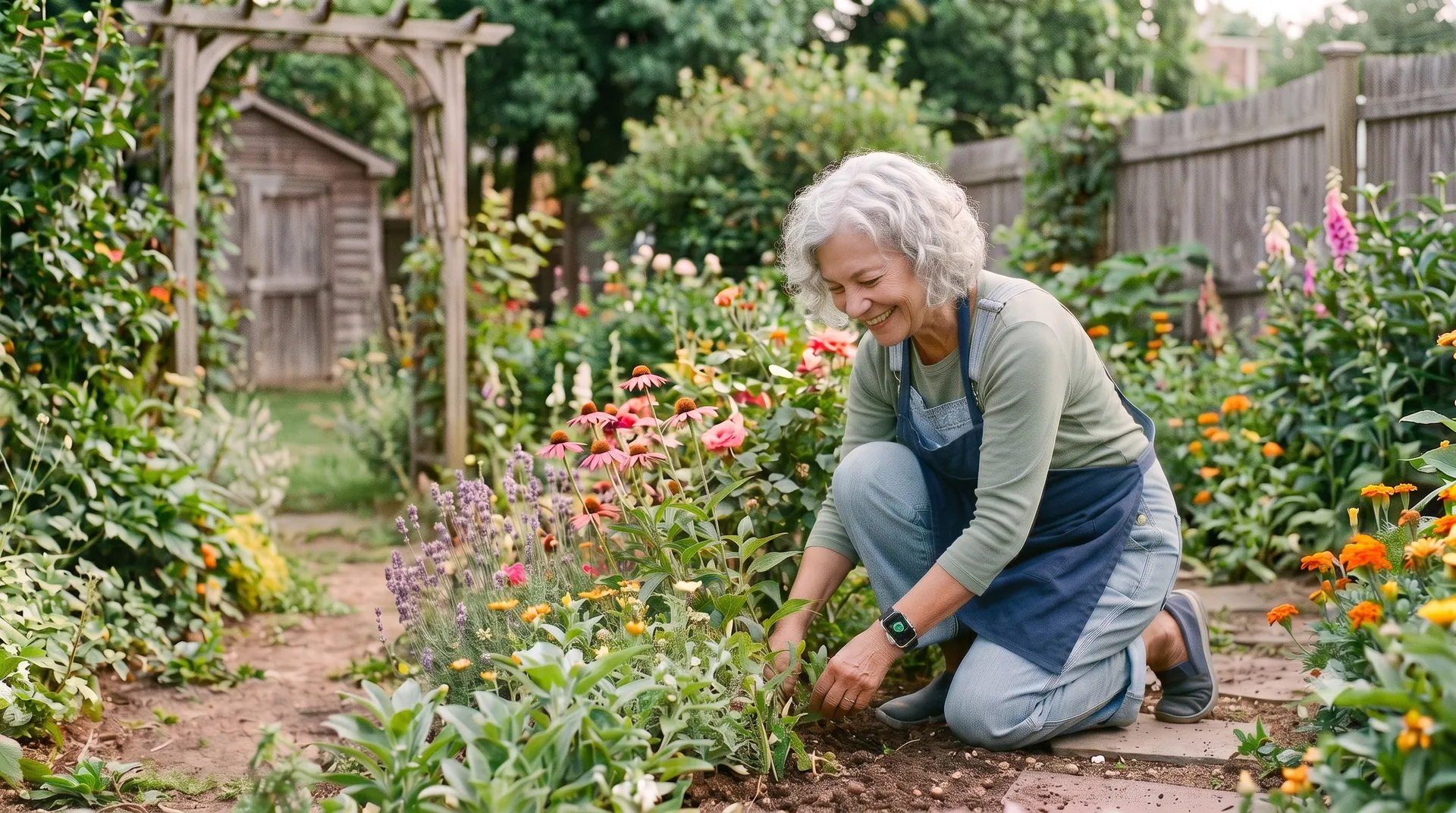 A woman in her seventies kneeling in her flower garden, a slim watch on her wrist