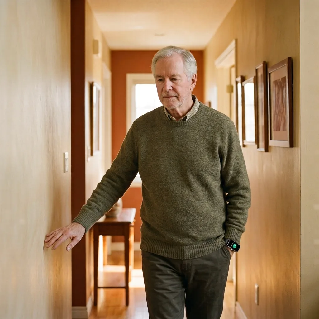 A man in his seventies walking his own hallway, watch visible