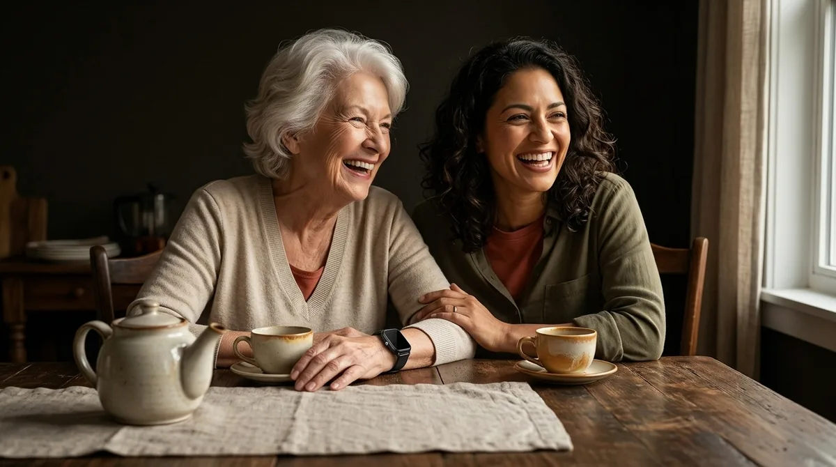 Adult daughter and her mother at a kitchen table, both relaxed