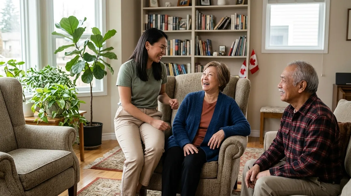 Care-home common room, a staff member and two residents, daylight