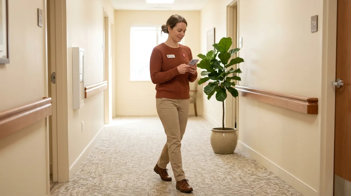 Staff member holding a phone showing the Breezz console, in a corridor