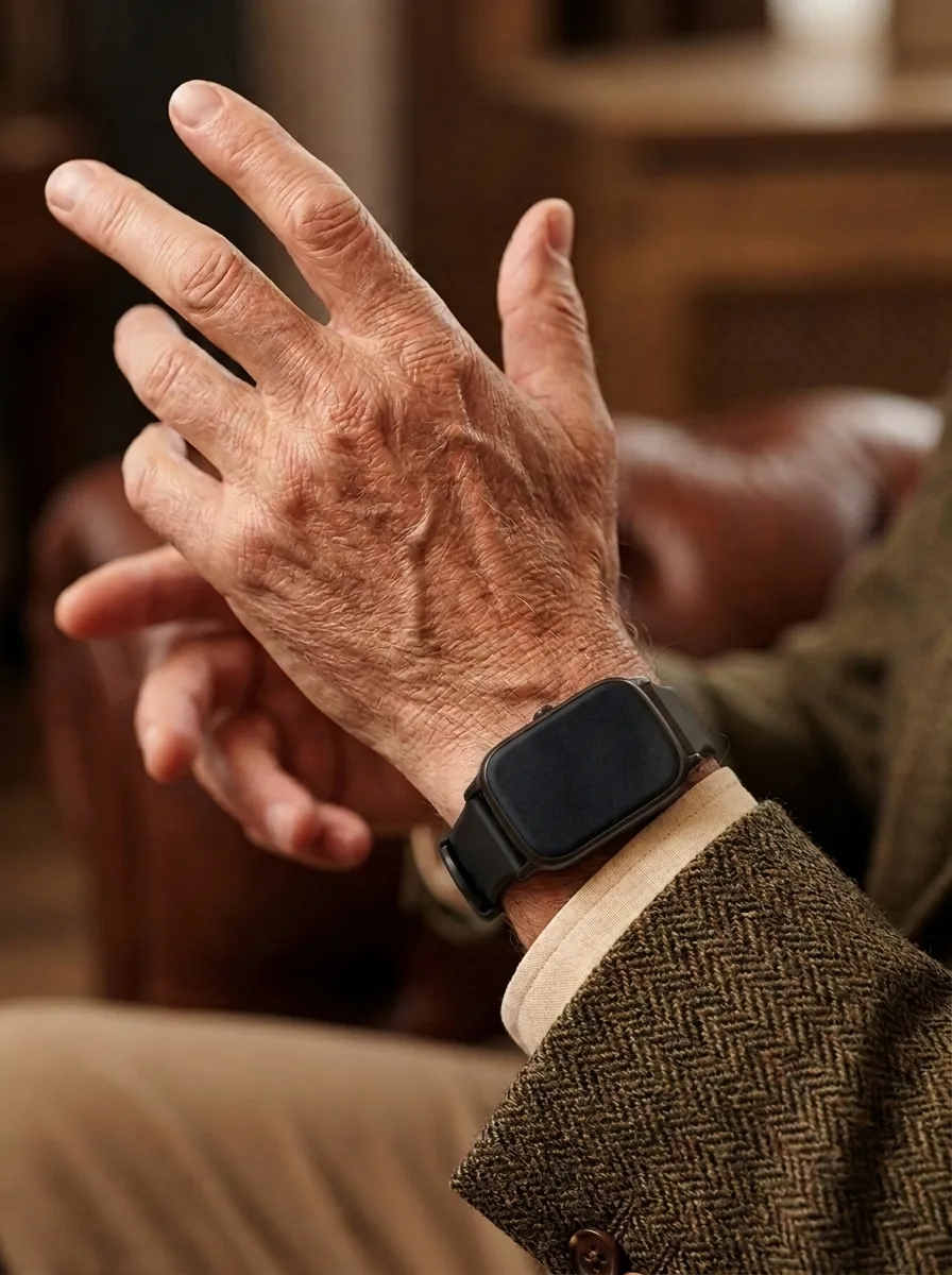 Close crop — an older man's wrist wearing the watch with a jacket cuff