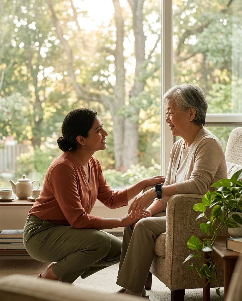 A care-home worker mid-conversation with a resident, daylight, unposed